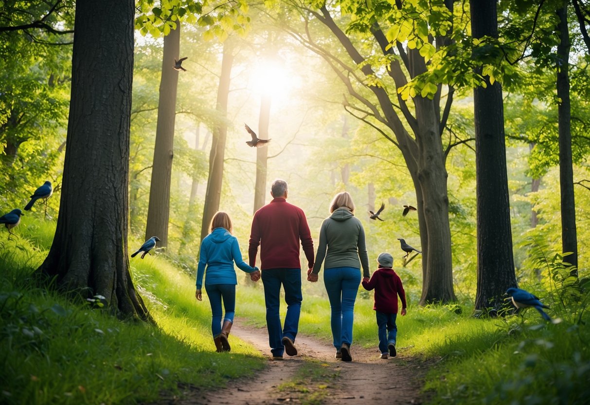 A family of four walks through a lush forest, surrounded by tall trees and chirping birds. They follow a winding trail, with the sun peeking through the leaves above