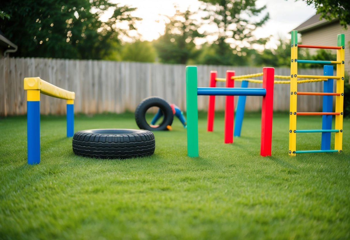 A backyard obstacle course with a balance beam, tire run, rope climb, tunnel crawl, ladder climb, hopscotch, and agility ladder