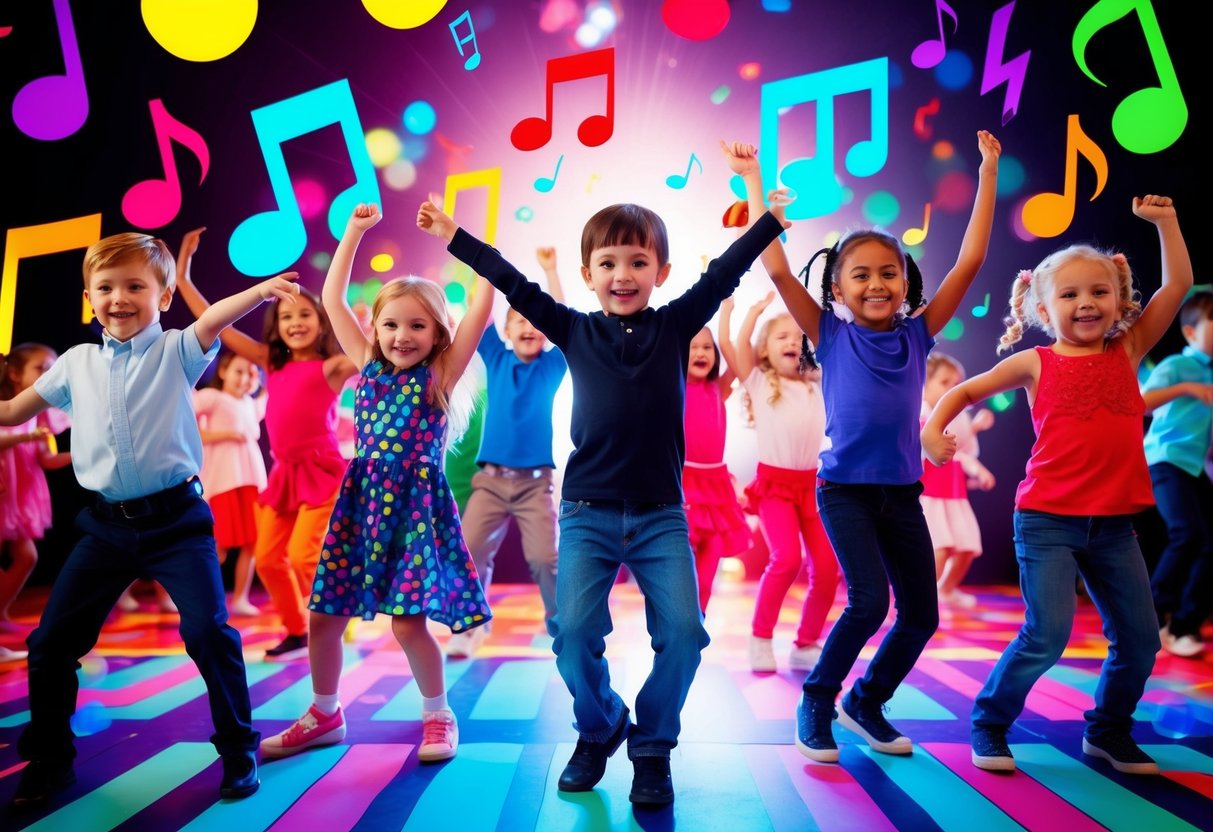 A colorful dance party with kids moving to the beat, surrounded by vibrant music notes and energetic symbols