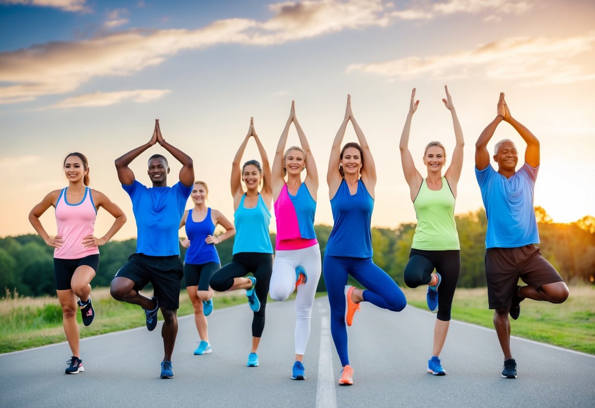 A diverse group of people engaged in various sports and activities, such as swimming, cycling, yoga, basketball, and hiking, all promoting lifelong fitness