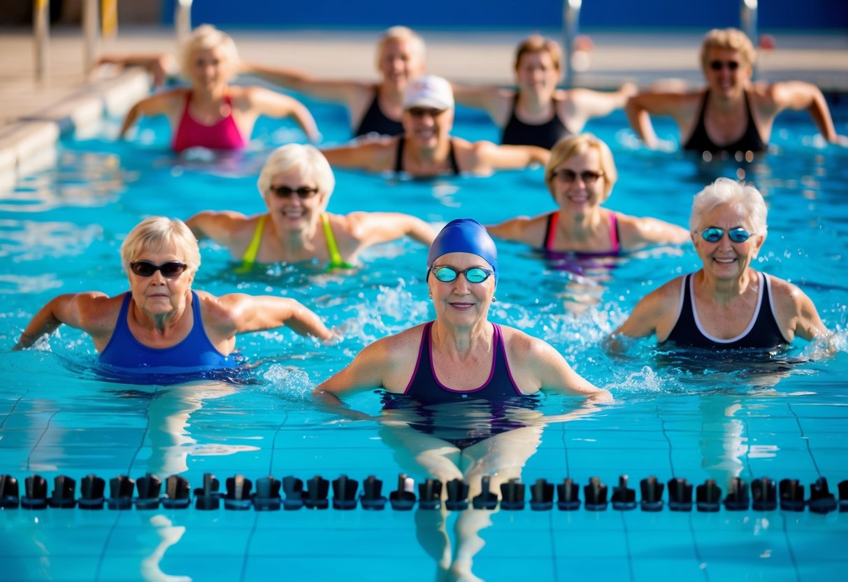 A group of people of various ages swimming in a pool, with some doing laps and others participating in water aerobics