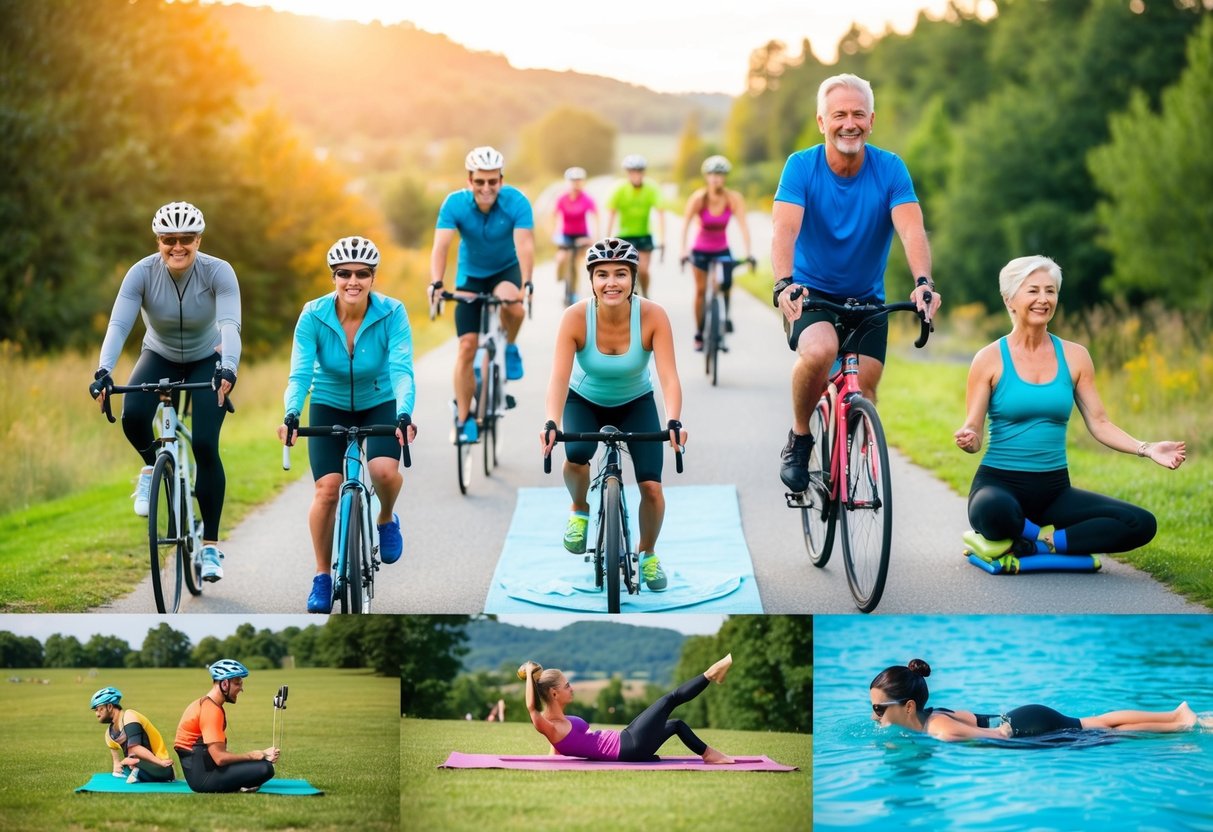 People of various ages engaging in cycling, swimming, hiking, yoga, and other fitness activities in a diverse outdoor setting