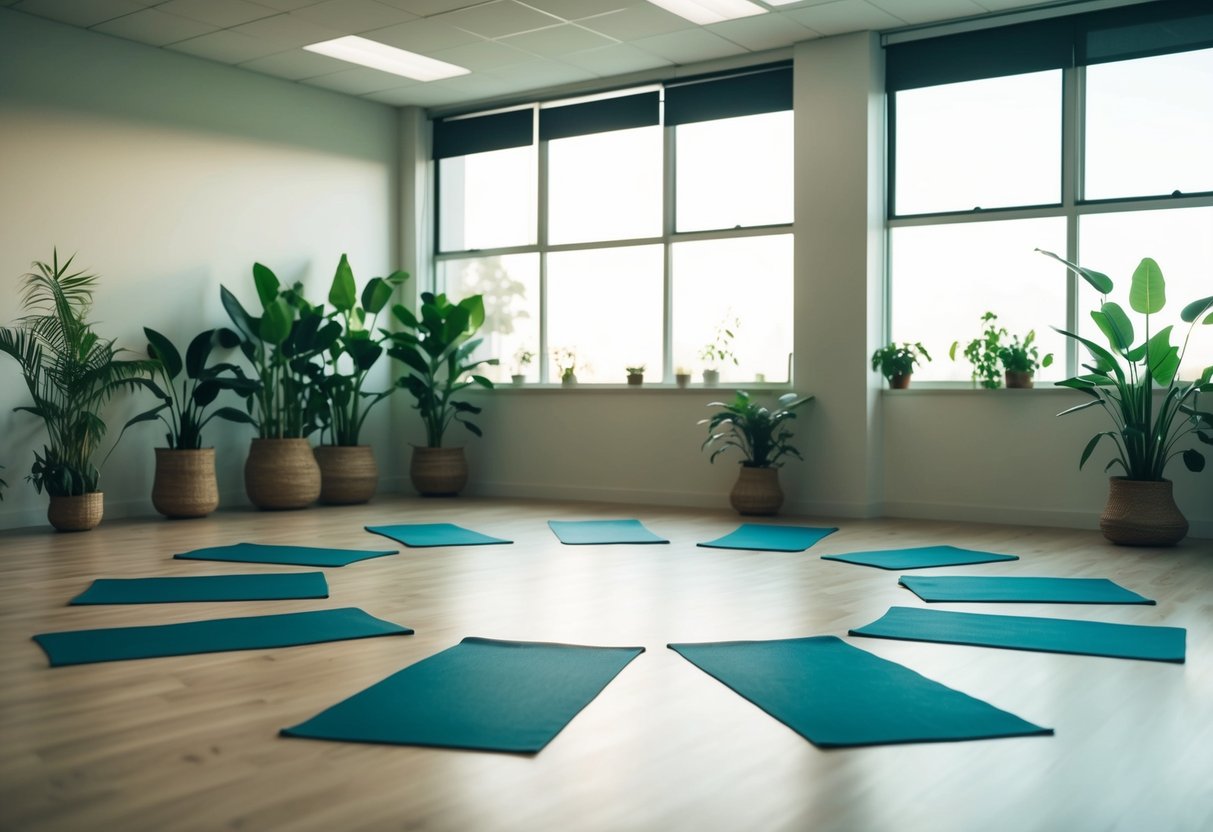 A serene yoga studio with mats arranged in a circle, surrounded by lush green plants and soft natural light filtering in through large windows