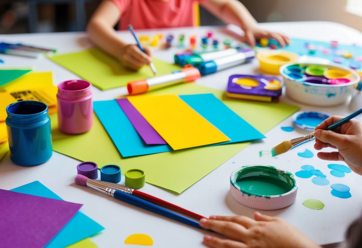 Brightly colored art supplies scattered on a table, with paper, paint, markers, and brushes. A child's hand reaching for a paintbrush