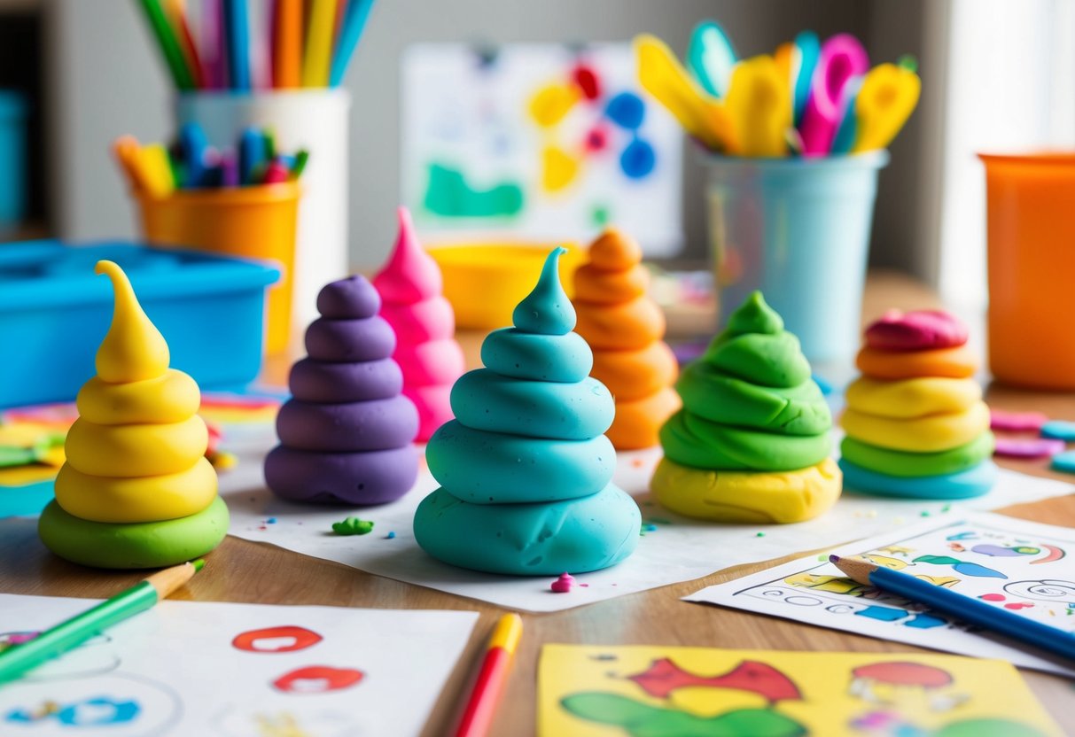 Colorful playdough sculptures on a table, surrounded by art supplies and children's drawings