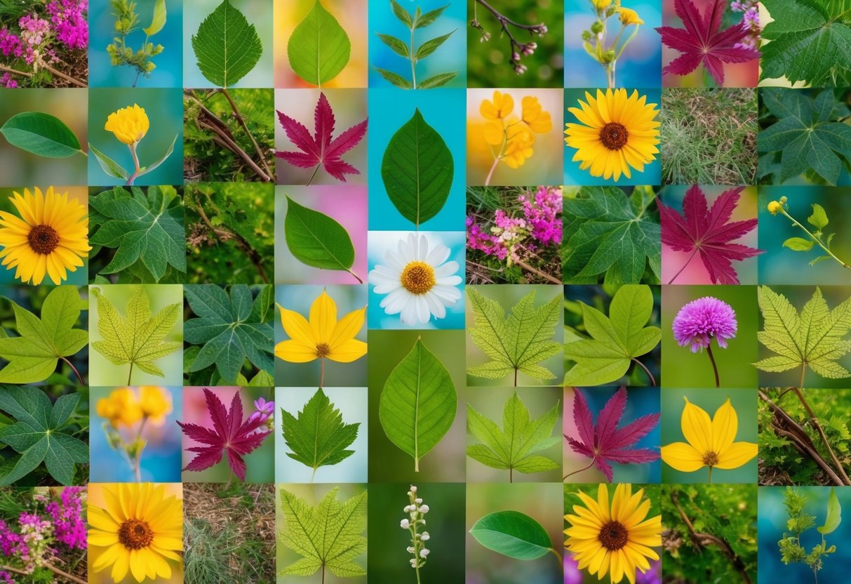 A colorful collage of leaves, flowers, and twigs arranged in a vibrant, nature-inspired pattern