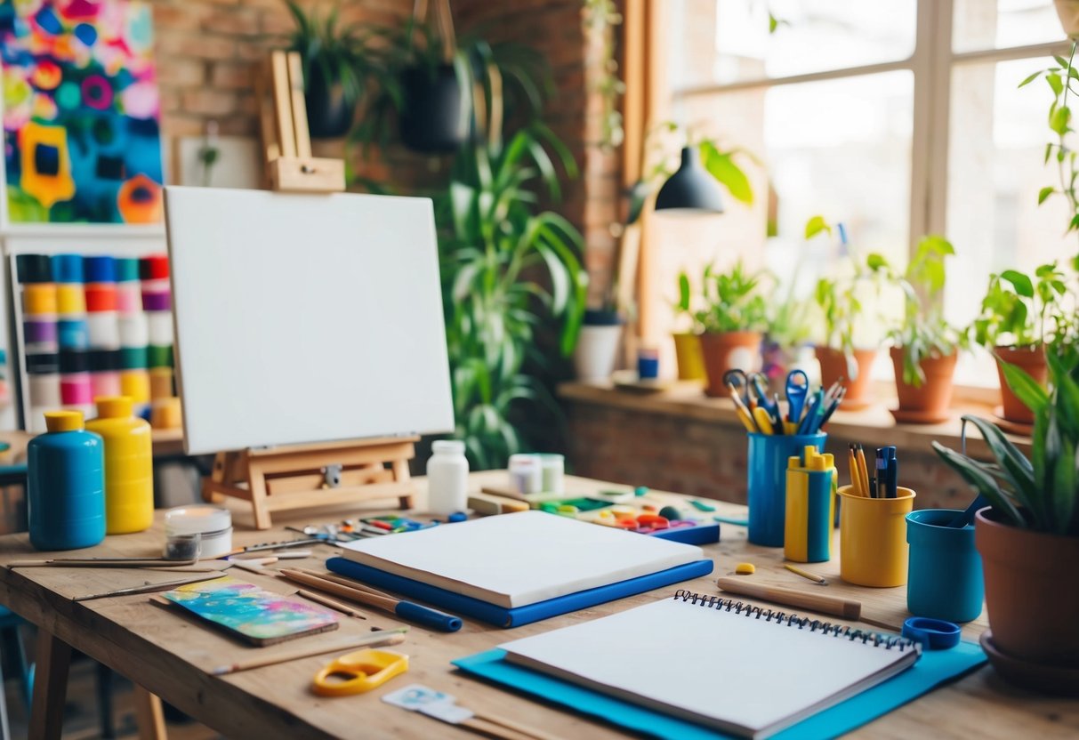 A cozy art studio with natural light, filled with colorful supplies and tools. A blank canvas and sketchbook sit on a wooden table, surrounded by plants and inspiring artwork