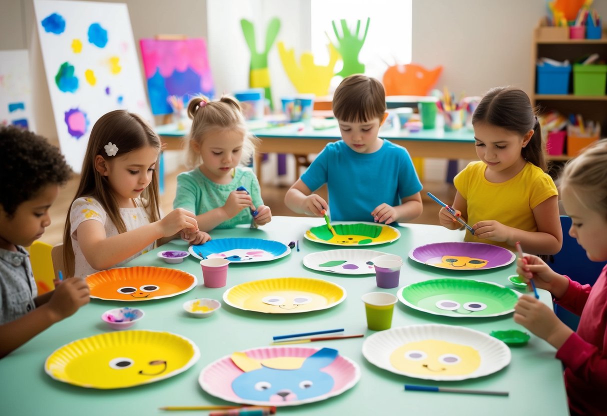 A group of children creating colorful paper plate animals using paint, markers, and other craft supplies on a large table surrounded by art materials and finished projects