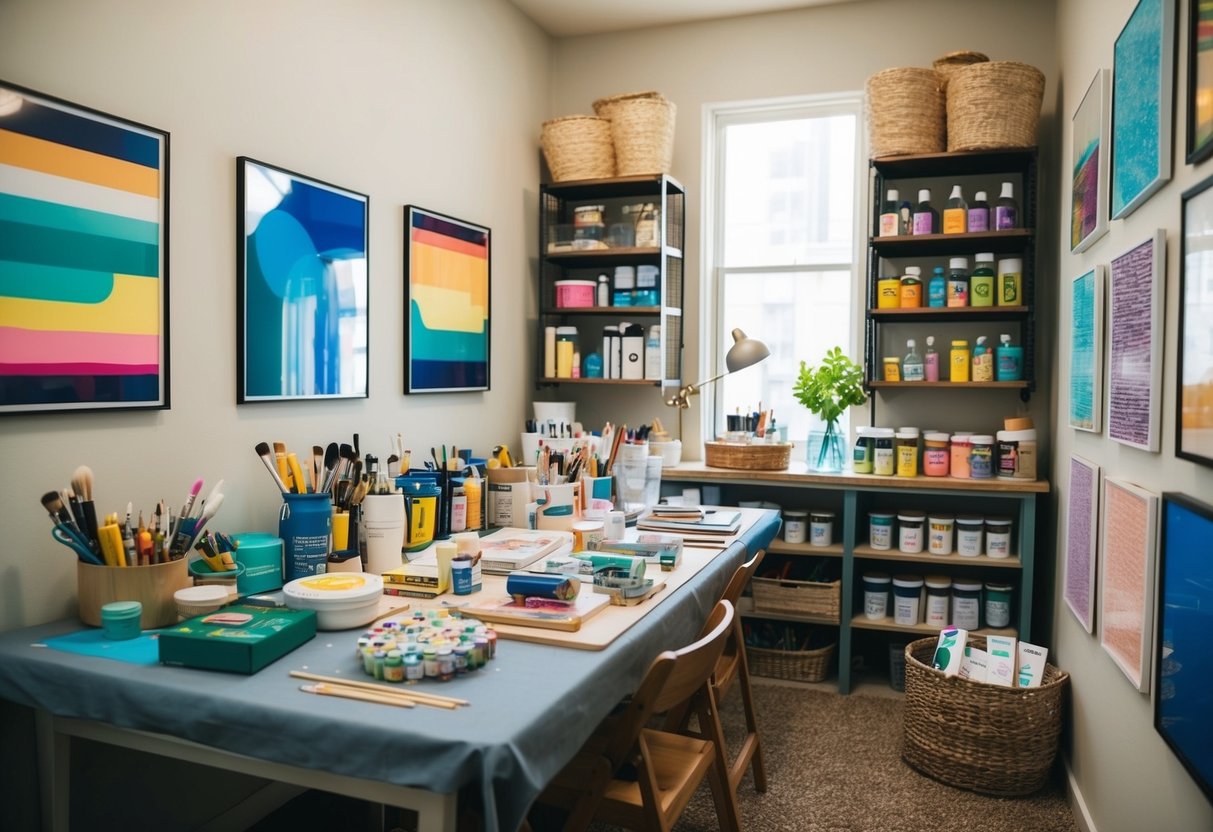 A cozy corner with a large table covered in art supplies, surrounded by colorful artwork displayed on the walls and shelves