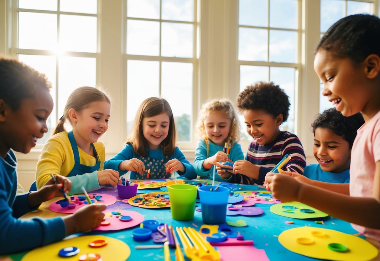 A group of children sit around a table covered in art supplies, laughing and creating colorful masterpieces together. Bright sunlight streams through the windows, casting a warm glow on the scene