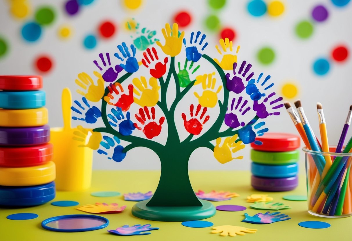 A colorful family tree with handprints as leaves, surrounded by playful and imaginative art supplies