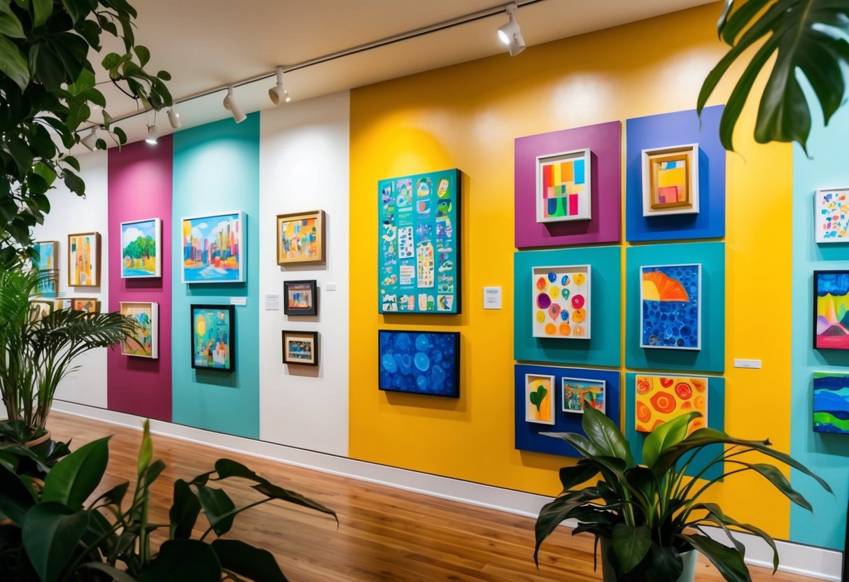 A colorful gallery wall with various paintings and drawings displayed proudly, surrounded by plants and natural light