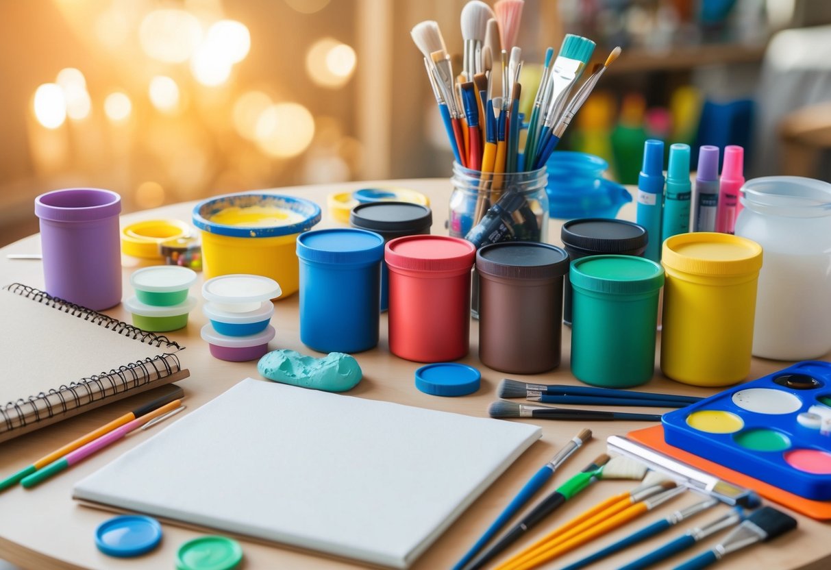 A colorful array of art supplies spread out on a table, including paints, brushes, markers, and clay. A blank canvas and sketchbook sit nearby, ready to be transformed into new creations