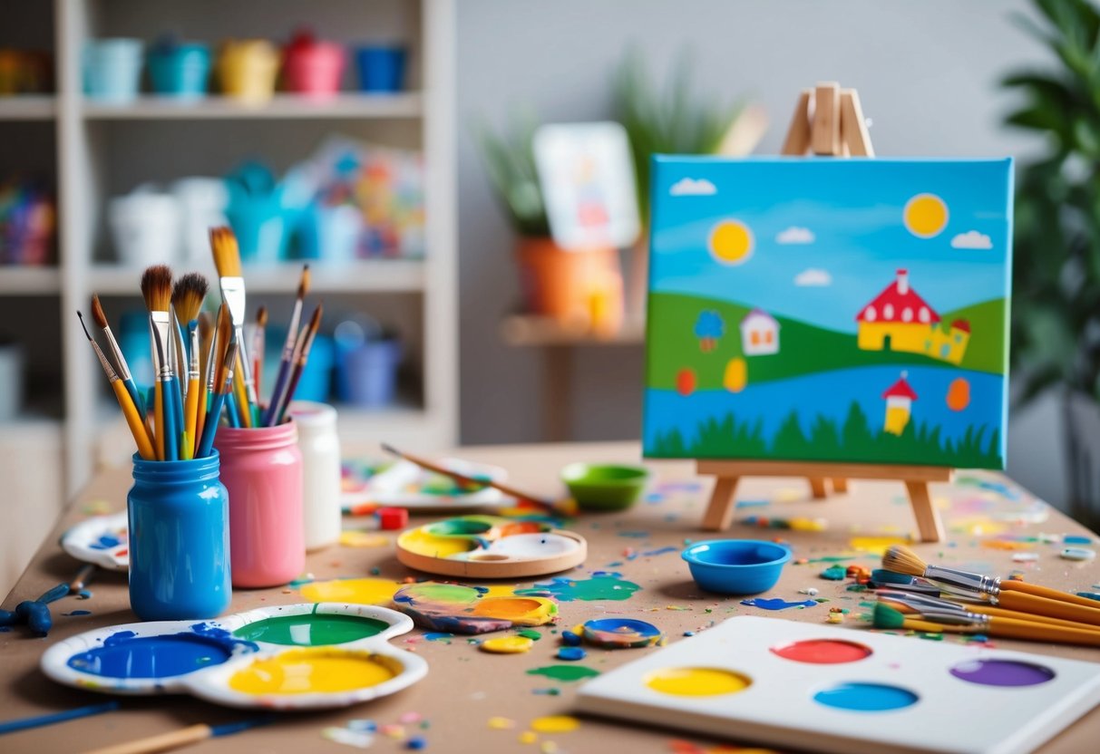 A child's messy art table with scattered paintbrushes, colorful paint palettes, and a half-finished canvas of a whimsical, imaginative scene