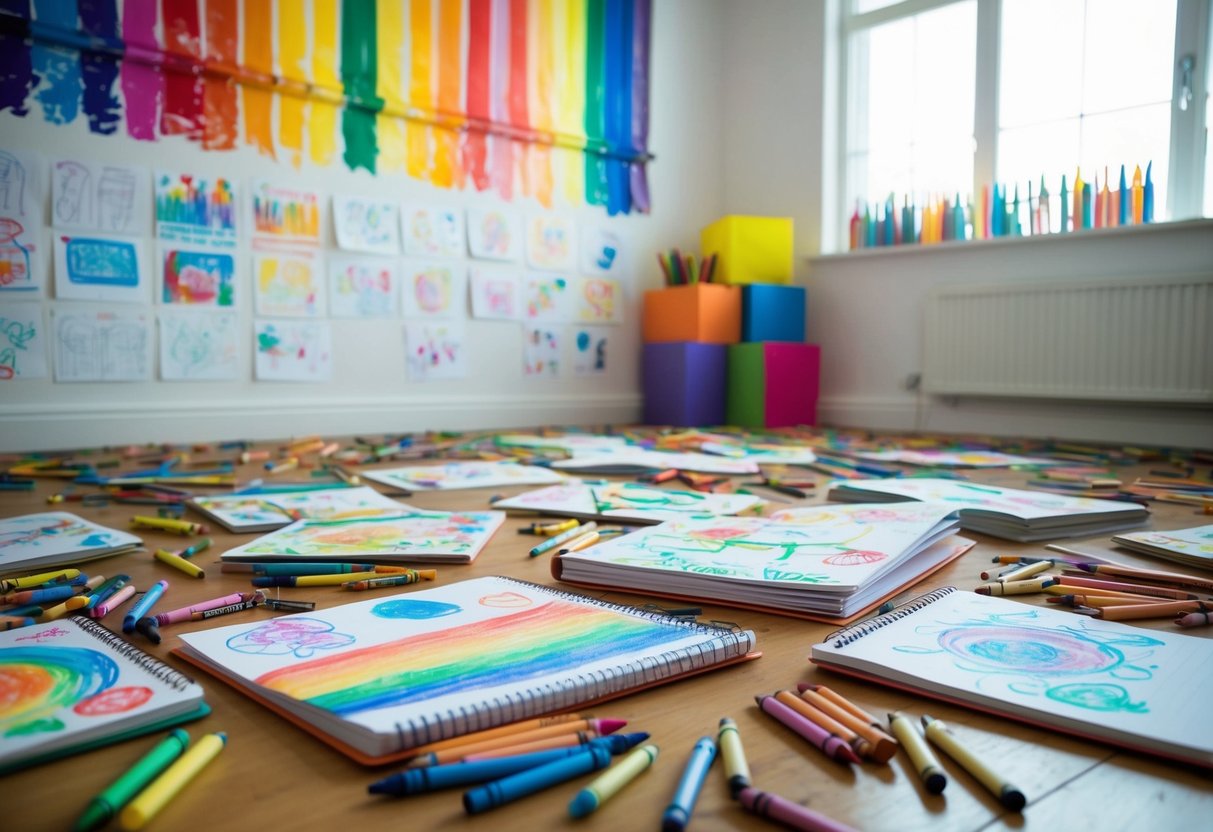 Colorful crayon drawings cover walls, floors, and tables. Sketchbooks overflow with imaginative creations. A rainbow of crayons scattered across the room