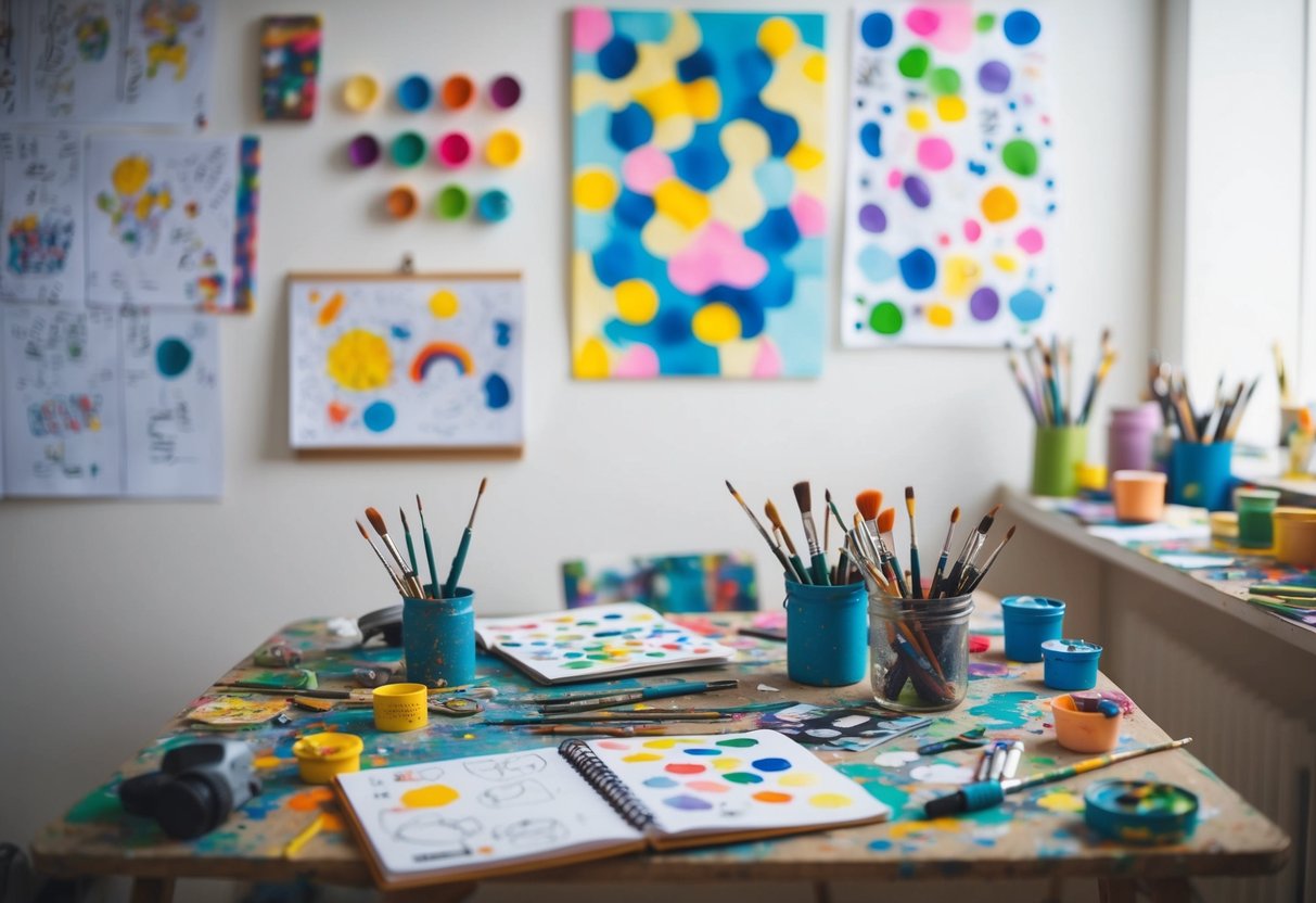 A cluttered art table with scattered paintbrushes, colorful drawings on the wall, and a sketchbook filled with imaginative doodles