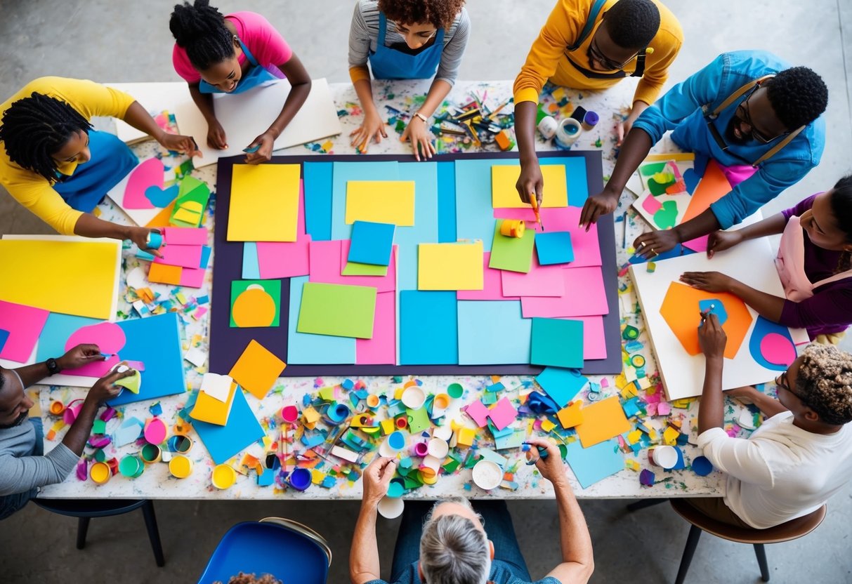 Bright, colorful art supplies scattered on a table surrounded by a group of diverse artists freely expressing themselves on large canvases