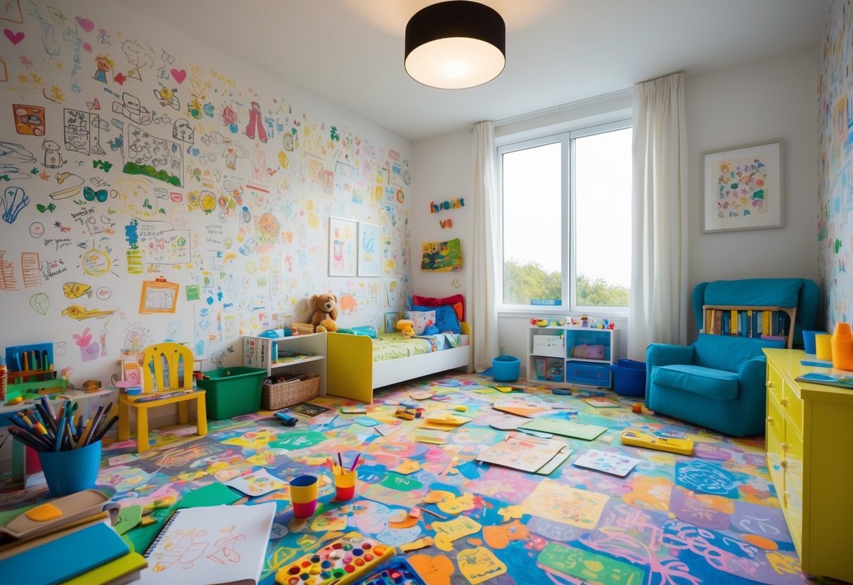 A child's bedroom with walls, furniture, and even the floor covered in colorful doodles and drawings. Paints, markers, and sketchbooks are scattered around the room