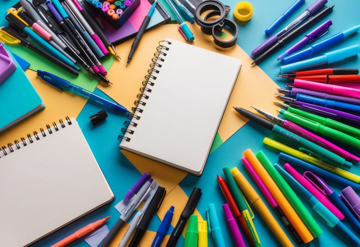 A colorful array of art supplies scattered on a table, with a blank sketchbook and a variety of pens and markers