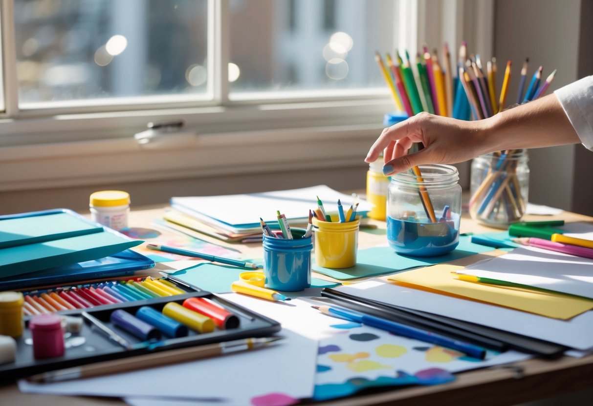 A cluttered desk with paints, brushes, markers, and paper. A hand reaches for a jar of colorful pencils. Sunlight streams in through a window, casting shadows on the supplies