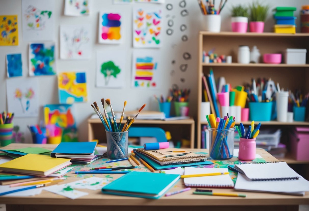 A cluttered desk with scattered paintbrushes, sketchbooks, and colorful markers. A child's artwork adorns the walls, and a shelf overflows with art supplies