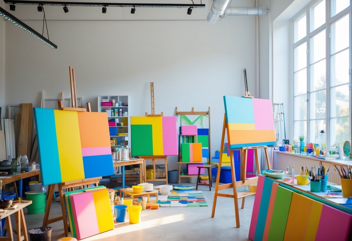 A colorful art studio with various art supplies scattered around, large canvases on easels, and bright natural light streaming in through large windows