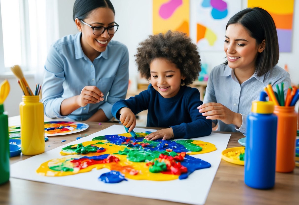 A child surrounded by colorful art supplies, happily creating messy, abstract artwork on a large sheet of paper. A supportive adult watches nearby, offering encouragement