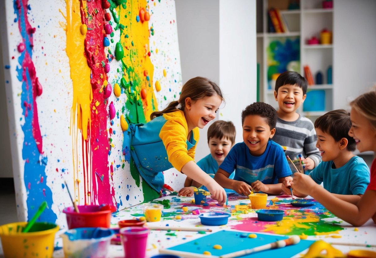 Colorful paint splattered on a large canvas, with various art supplies scattered around. A group of kids laughing and creating messy masterpieces