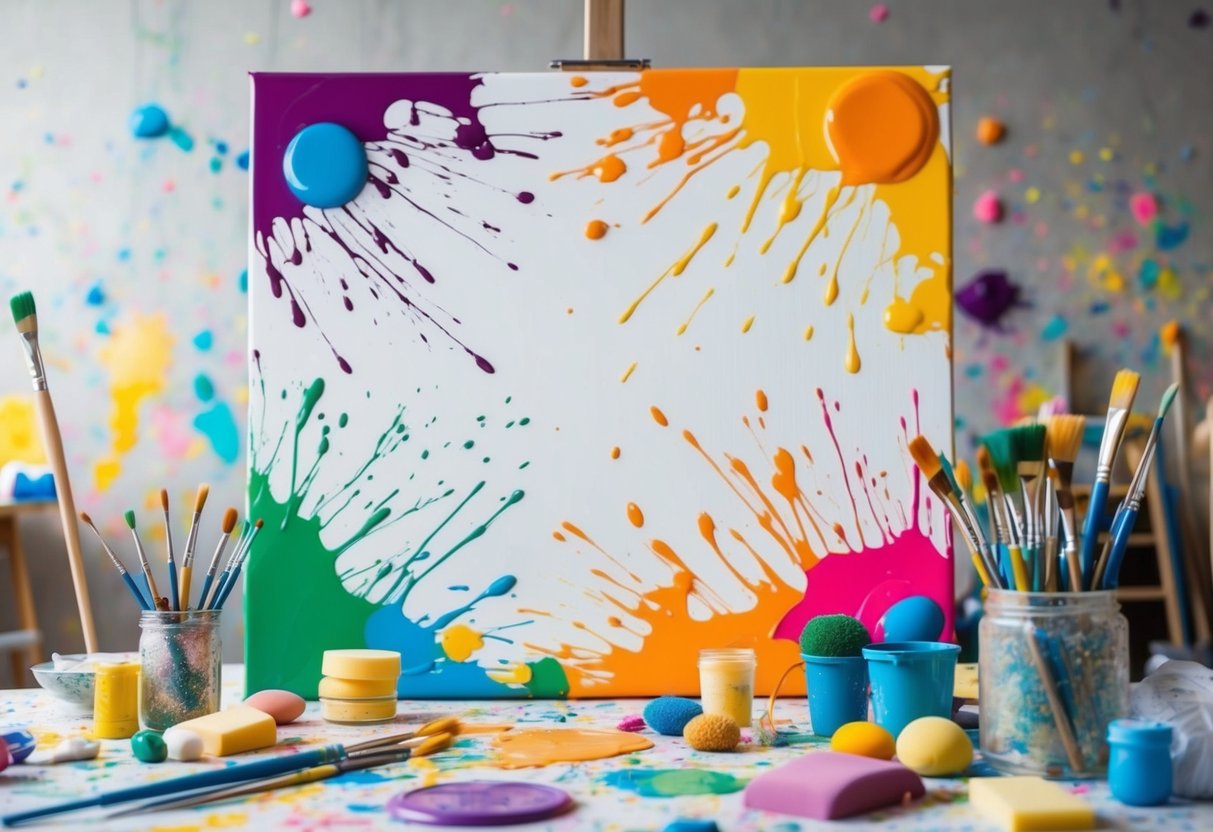 Bright colors splattered across a large canvas, with paintbrushes, sponges, and other tools scattered around. A playful and messy art space filled with creative energy