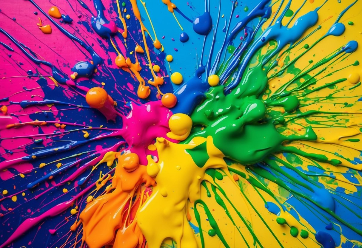 Brightly colored paint splatters cover a large canvas, creating a vibrant and messy masterpiece