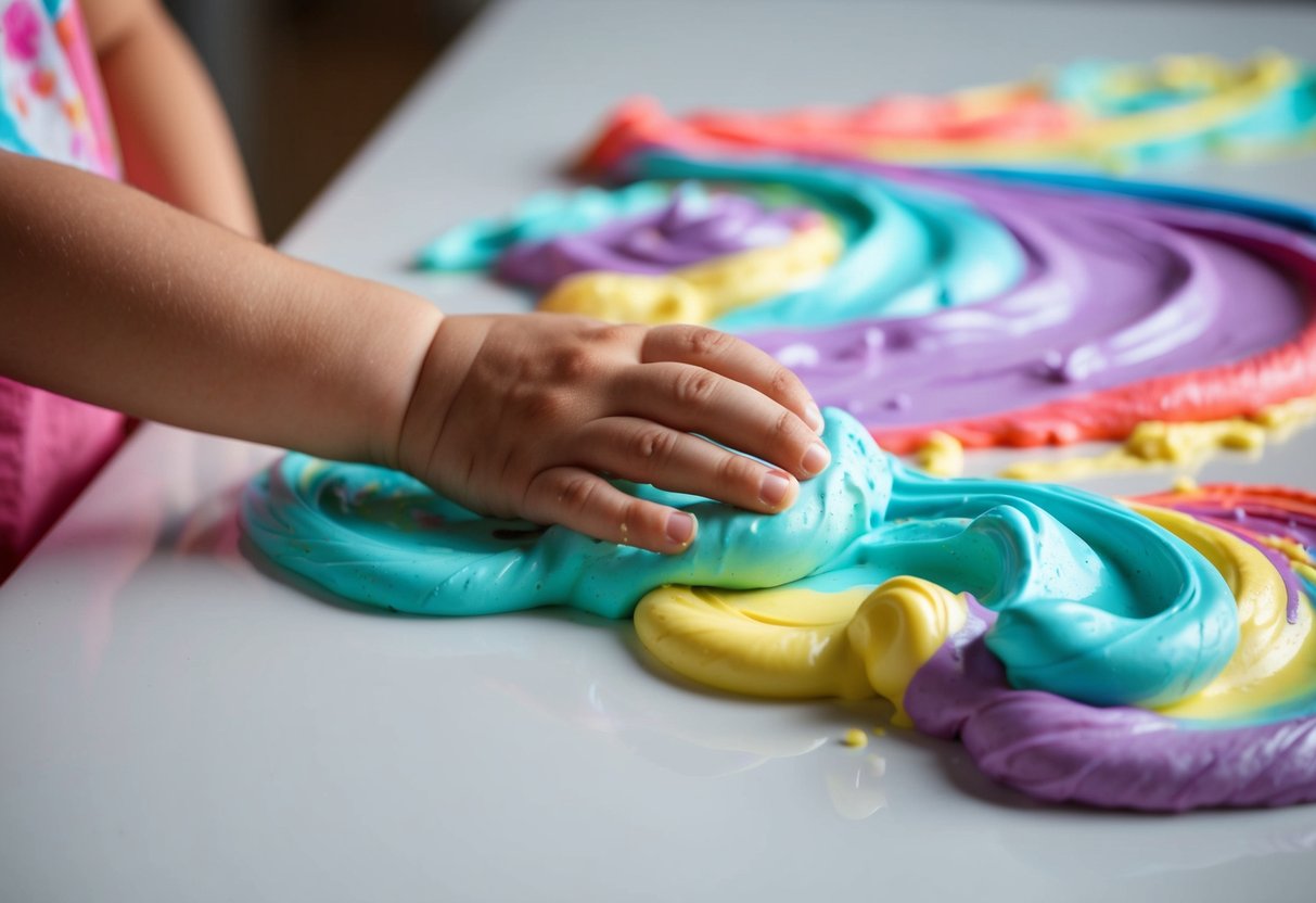 A child's hand smearing colorful shaving cream onto a table, creating swirls and patterns