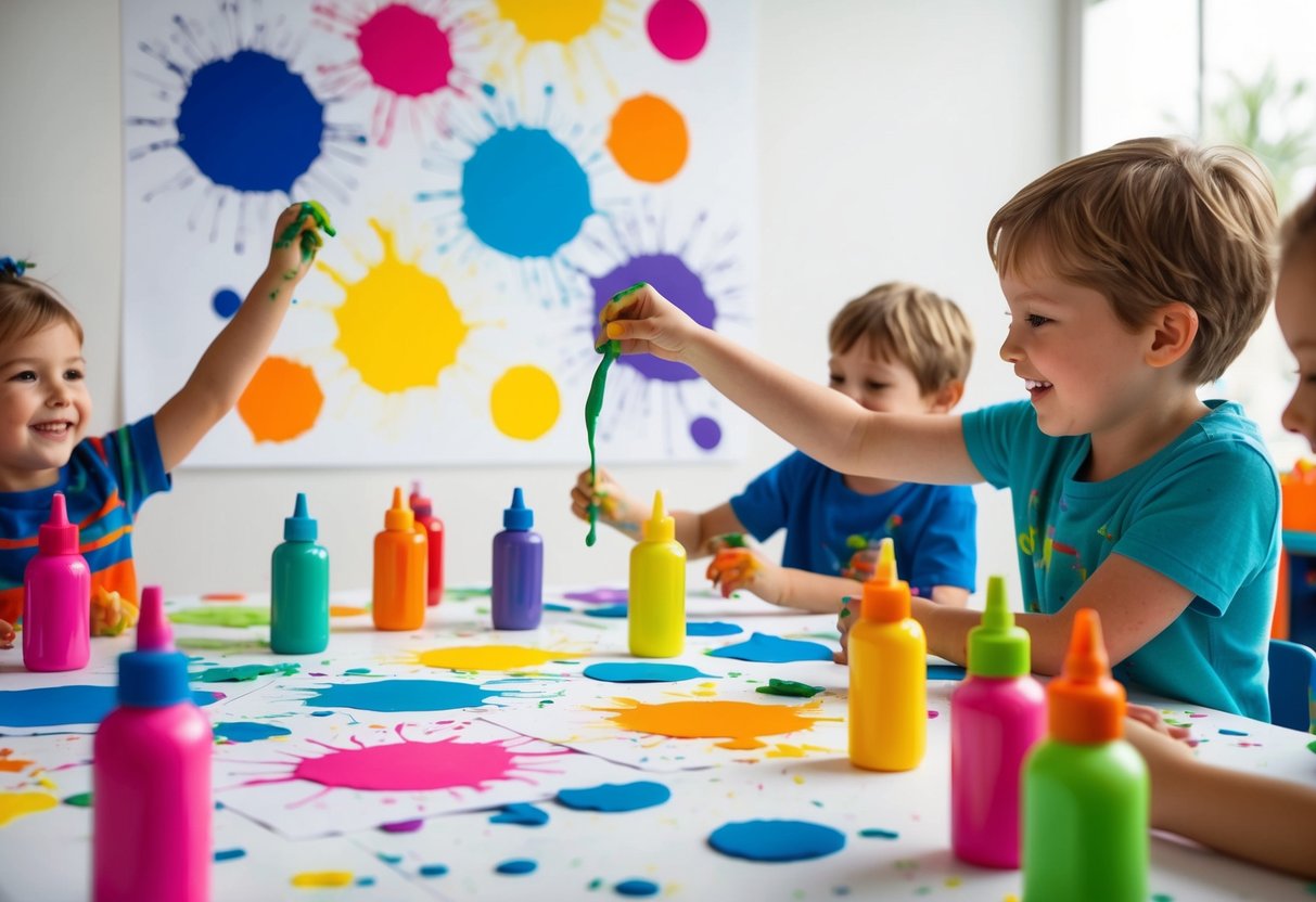 Bright colors splattered on paper, creating playful designs. Puffy paint bottles scattered on a messy table, with kids happily creating art