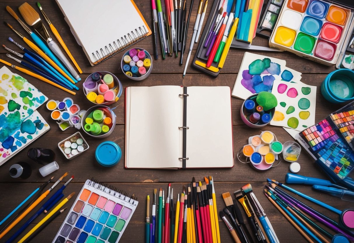 A colorful array of art supplies scattered on a wooden table: paintbrushes, markers, sketchbooks, watercolors, colored pencils, and more