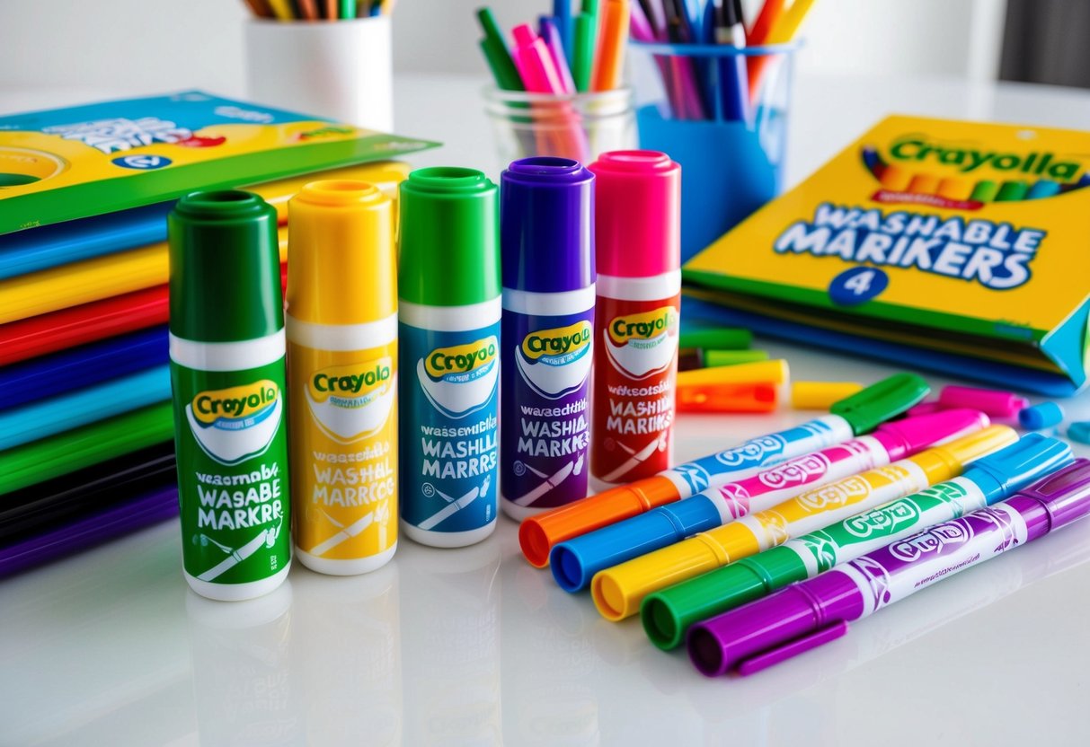 A colorful array of Crayola Washable Markers, alongside other art supplies, on a clean, white tabletop