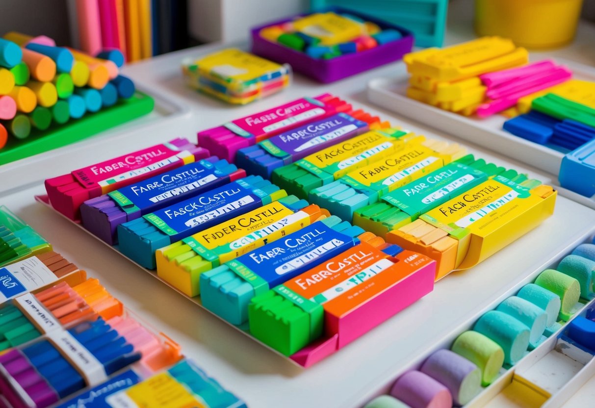 A vibrant array of Faber-Castell oil pastels arranged on a clean, white surface, surrounded by other colorful art supplies