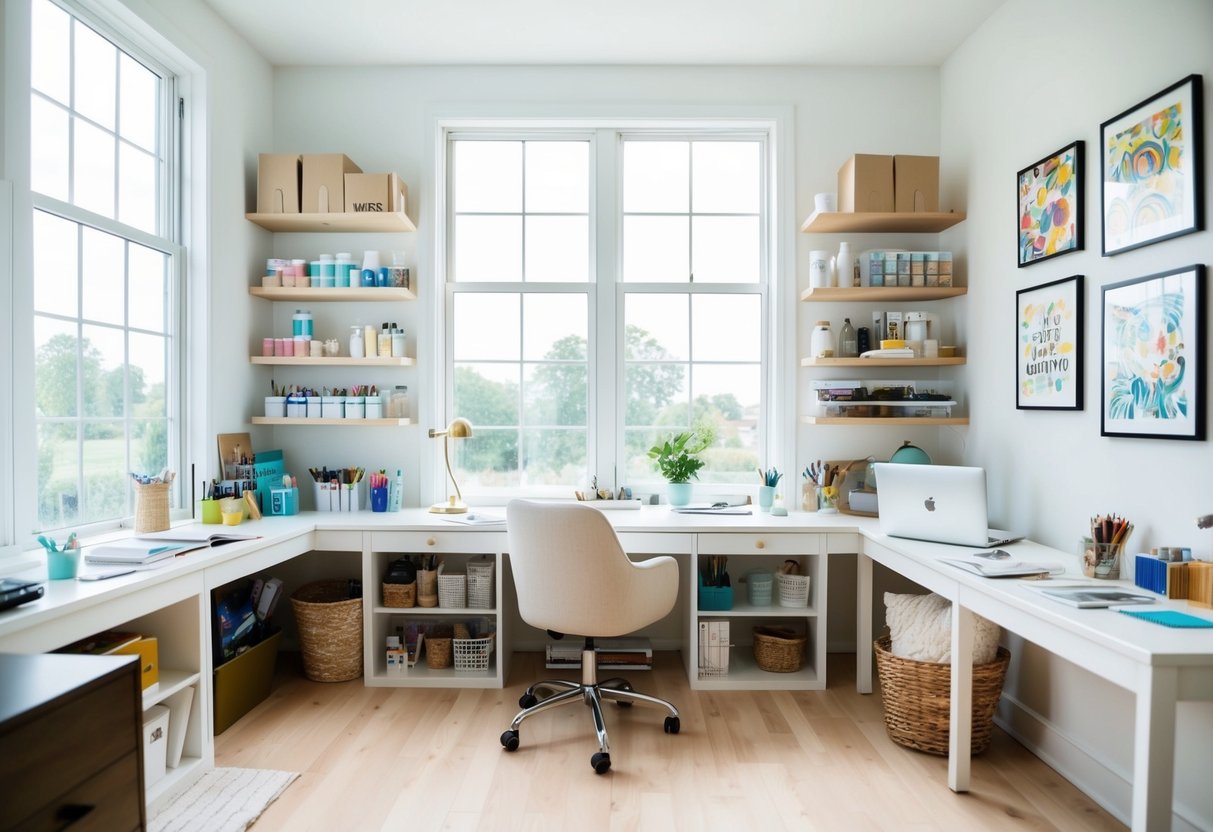 A bright, airy room with large windows, a clutter-free desk, shelves filled with art supplies, a cozy reading nook, and inspirational artwork on the walls