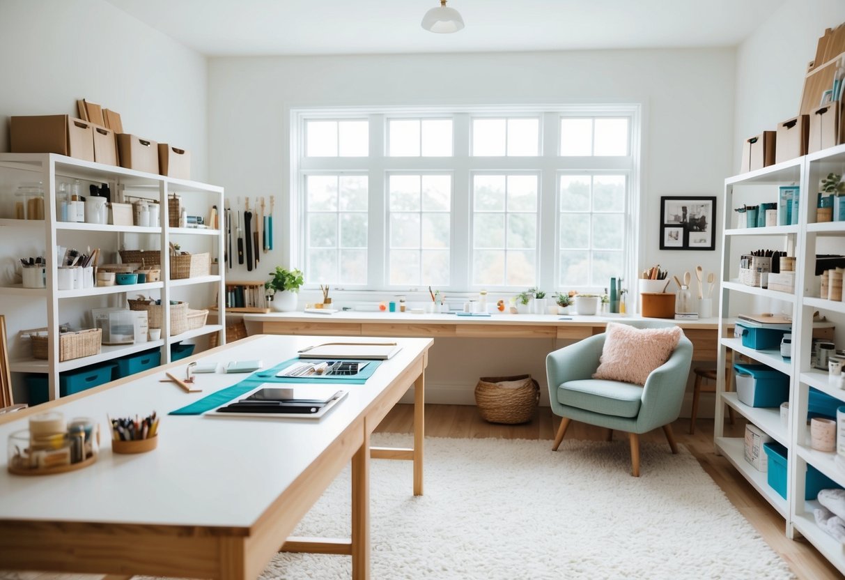 A bright, airy room with a large table, shelves filled with art supplies, and a cozy chair for inspiration. Natural light streams in through a window, illuminating the creative space