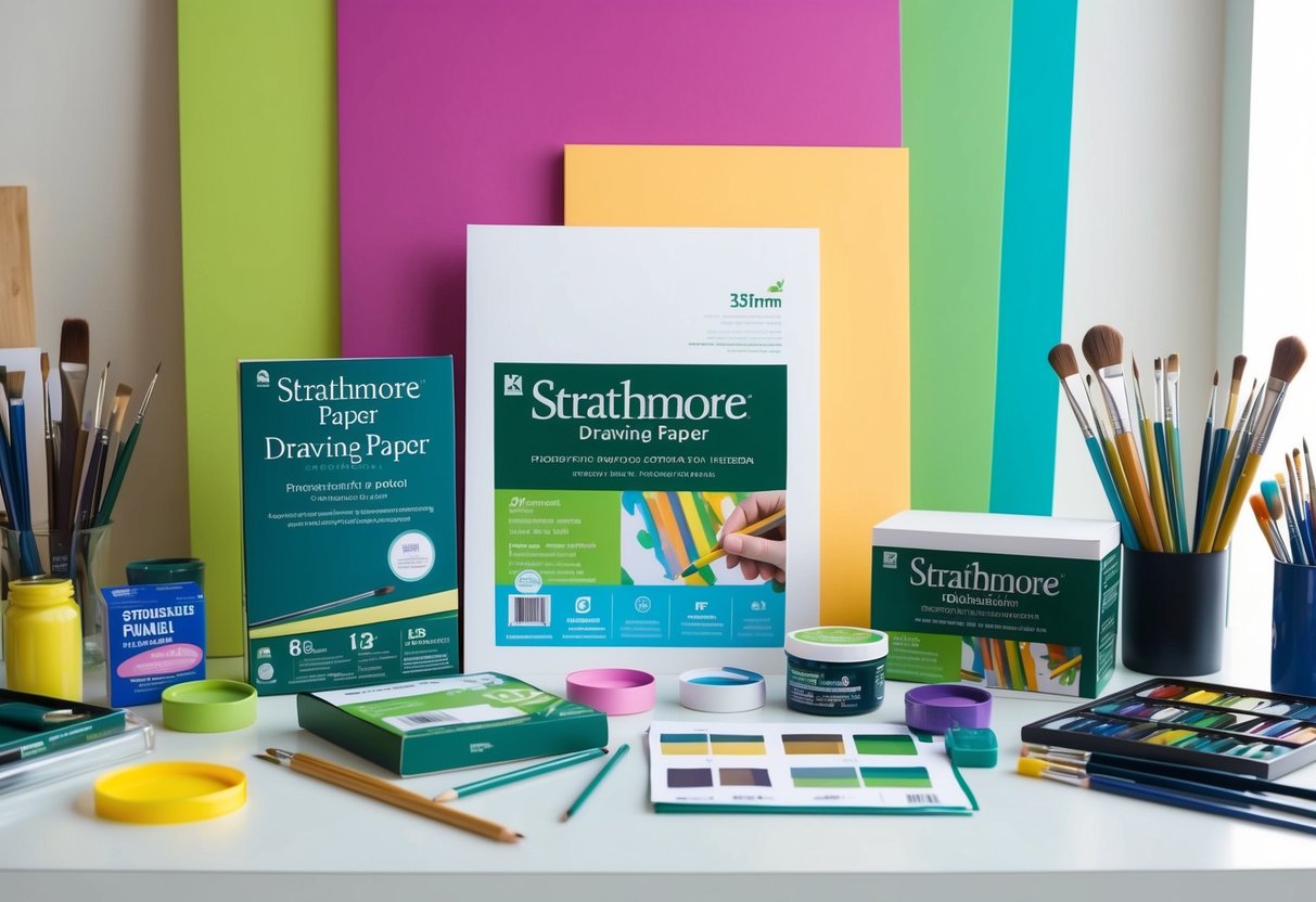 A colorful array of art supplies, including Strathmore Drawing Paper, pencils, paints, and brushes, arranged on a clean, well-lit workspace