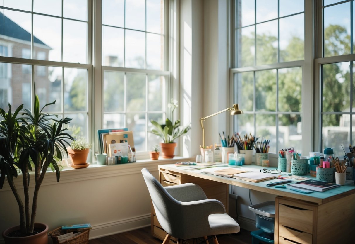 A cozy art space with large windows, streaming natural light onto a clutter-free desk with art supplies neatly organized. A comfortable chair and potted plants add to the inviting atmosphere