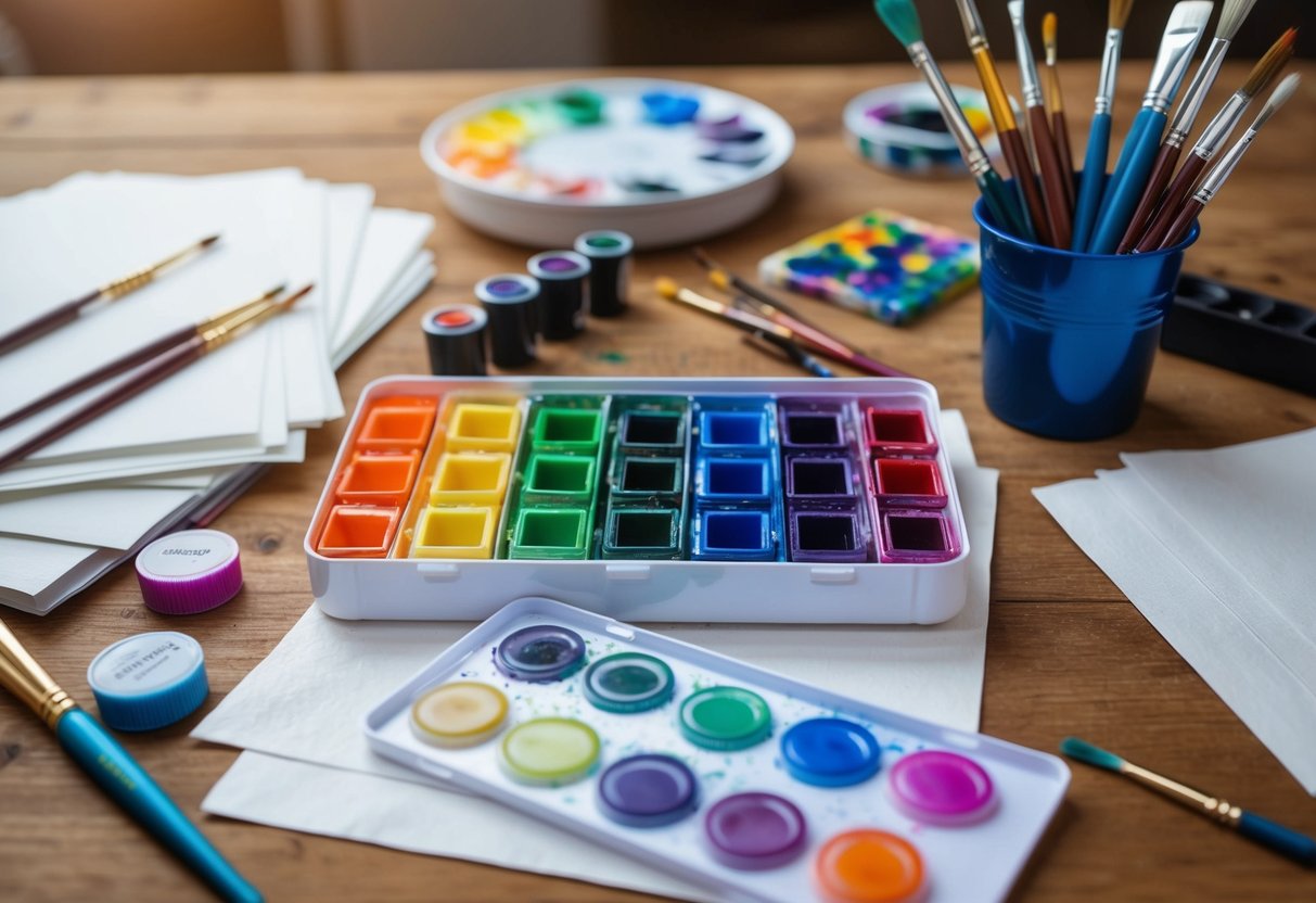 A colorful watercolor set surrounded by paintbrushes, paper, and other art supplies on a wooden table