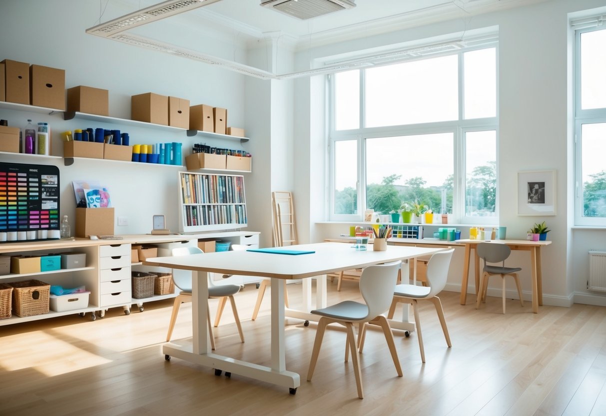 A bright, airy room with adjustable furniture, art supplies neatly organized on shelves, a large table for creating, and natural light streaming in through the windows