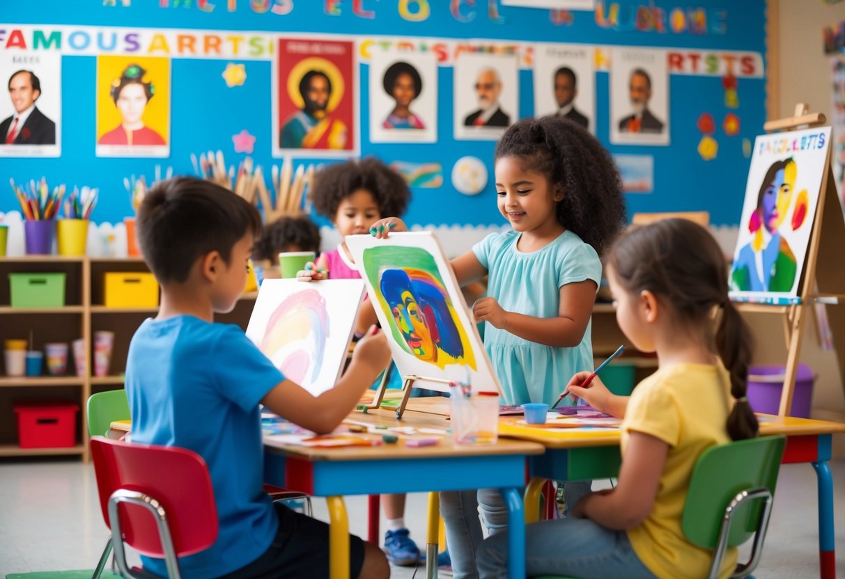 A group of children painting and drawing famous artworks in a colorful classroom with art supplies and posters of famous artists on the walls