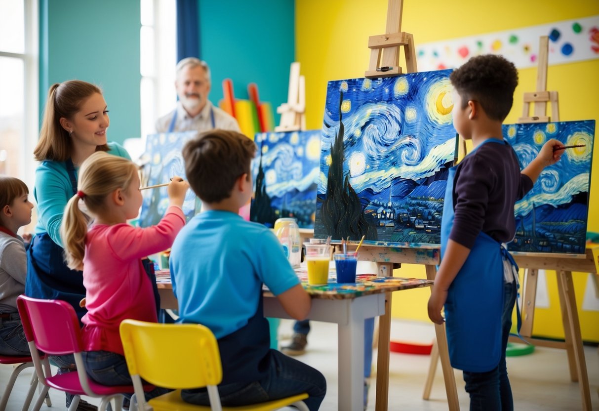 A group of children painting their own versions of Van Gogh's Starry Night under the guidance of a teacher in a colorful art studio