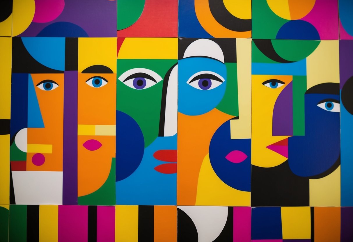 A colorful collage of abstract faces inspired by Picasso's style, with bold shapes and vibrant colors arranged in a playful and imaginative composition