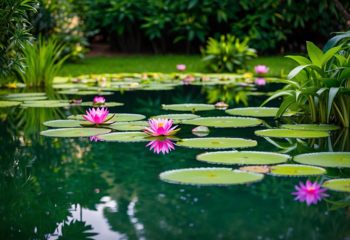 A tranquil pond with vibrant water lilies floating on the surface, surrounded by lush green foliage and reflected in the shimmering water