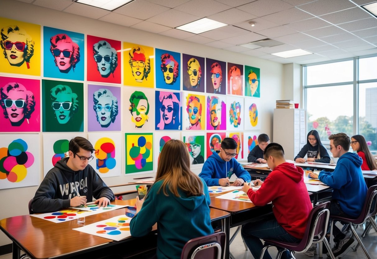 Colorful prints of iconic pop art images displayed in a classroom. Students working on art projects inspired by famous artists like Warhol