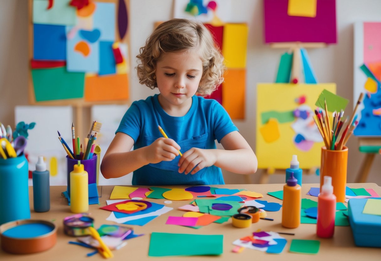 A child surrounded by various art supplies, creating colorful and expressive collages that reflect different emotions