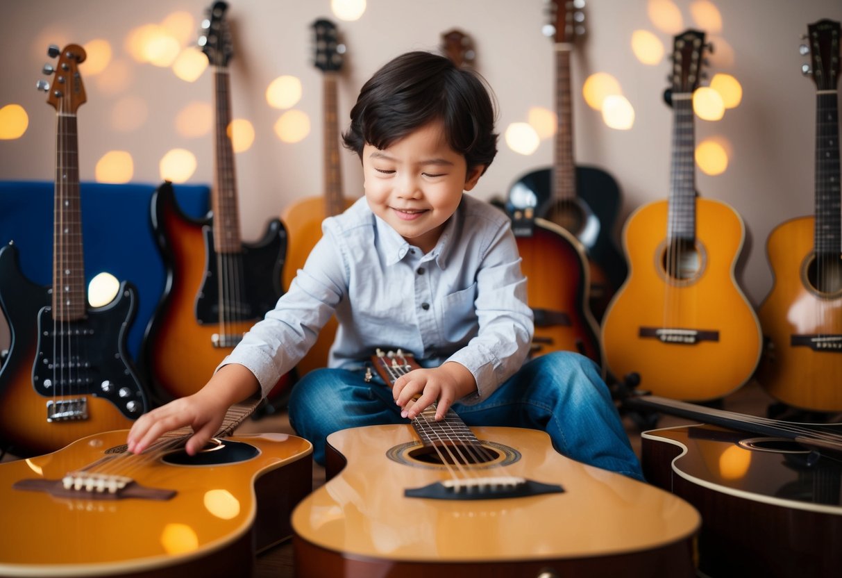 A child surrounded by musical instruments, tapping their foot to a beat, humming a melody, and eagerly reaching for a guitar