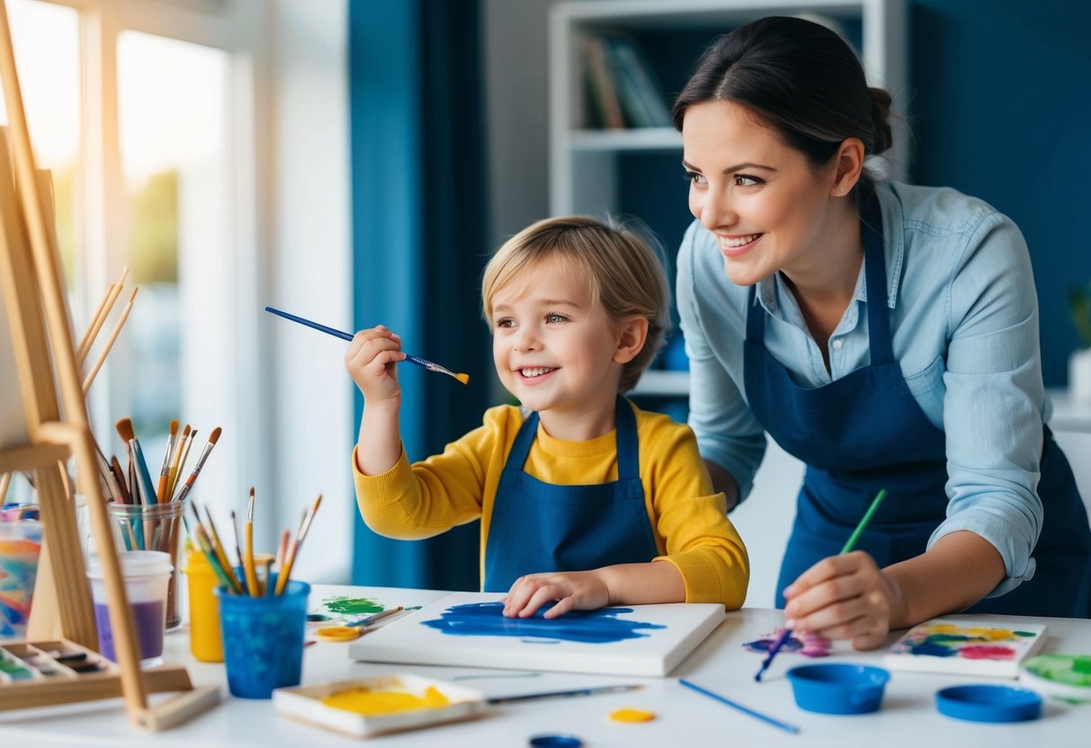 A child sitting at a table surrounded by art supplies, happily painting on a canvas while a supportive adult looks on with a smile