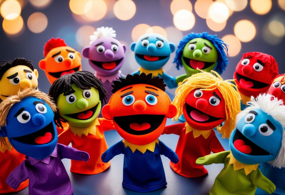 A group of colorful emotion puppets are arranged in a circle, each depicting a different emotion through their facial expressions and body language